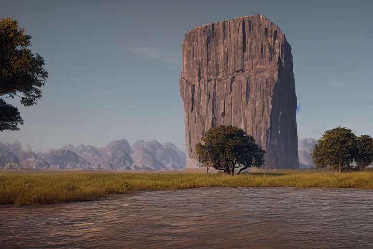 Prompt: a cinematic photograph of a enormous monolith in the middle of a vast serene landscape filled with rivers and trees blowing in the wind, the sun rises over the hilltops, hyper realistic, unreal engine 5, by beeple