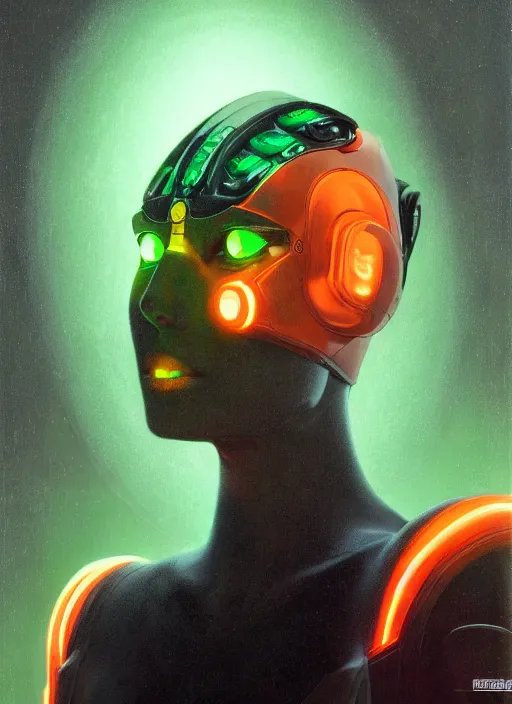 Image similar to ( symmetry ) closeup portrait of a stunning artificial cyborg female scientist, visor, strong cinematic light, backlight glow, green orange, viscous smoke, vapour, mist, by gerald brom, by mikhail vrubel, by peter elson, muted colors, extreme detail, trending on artstation, 8 k