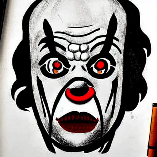 Image similar to 3 0 s drawing style, horror, it clown, leatherface, nightmare