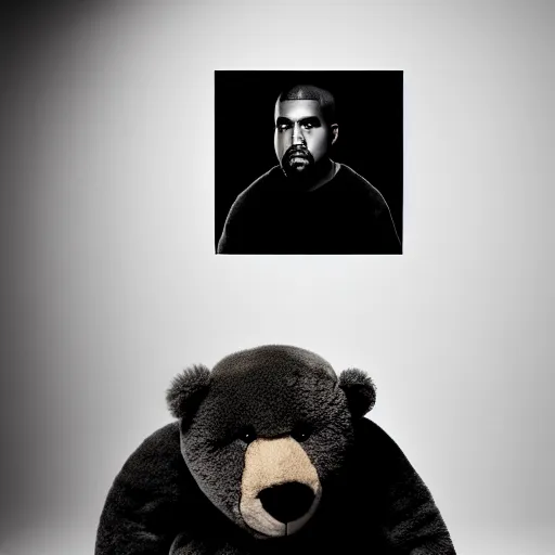 Image similar to a ( ( ( ( ( ( ( ( ( chiaroscuro lighting portrait ) ) ) ) ) ) ) ) ) ) of kanye west dressed as teddy bear mascot, black background, portrait by julia margaret cameron, shallow depth of field, 8 0 mm, f 1. 8