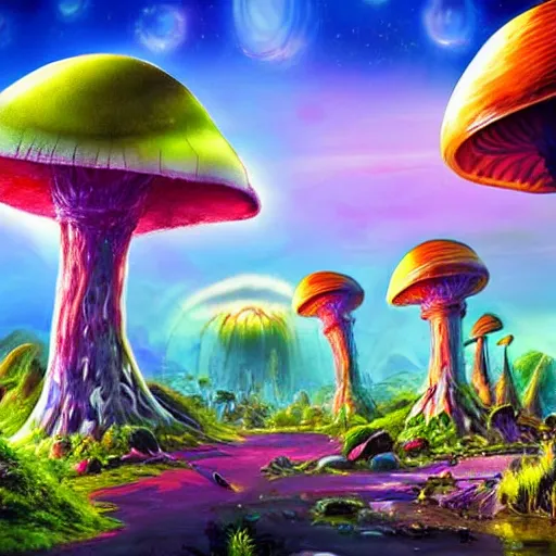 Prompt: an alien landscape with giant mushrooms and plants. Some alien animals are walking around. In the background you can see a futuristic city. Happy, uplifting. Vibrant colors.