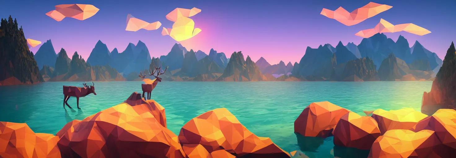 Image similar to super detailed color lowpoly art, northern sunset with rocks on front, lake in the middle of perspective and mountains at background, graphic reindeers in random points, unreal engine, retrowave color palette, 3d render, lowpoly, colorful, digital art