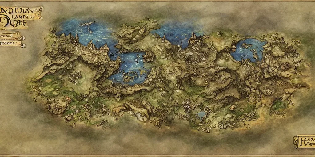 Prompt: simple fantasy map, the land of Odrua, world of Lute, by JRR Tolkien and Brian Froud, Vatican Map Room, fantasy concept painting, Magic The Gathering Art, trending on art station, showing kingdoms, oceans, continents