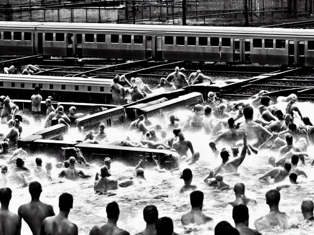 Image similar to a perfect photograph of a train crashing through a crowded swimming pool. sponsored by nike