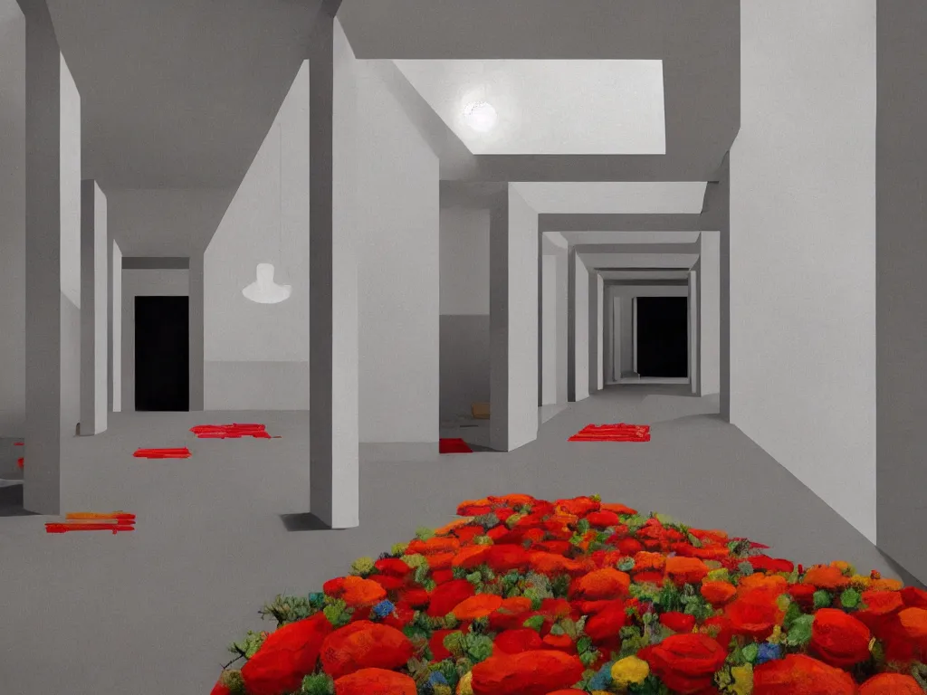 Image similar to colorful minimalist industrial interior hallway with monolithic pillars in the style of ridley scott and stanley kubrick, impossible stijl architecture, bed of flowers on floor, ultra wide angle view, cinematic, god rays, volumetric lighting, realistic detailed painting by edward hopper