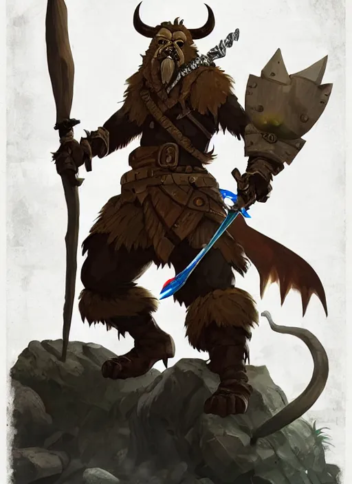 Image similar to strong young man, bugbear ranger, black beard, dungeons and dragons, hunters gear, flaming sword, jeweled ornate leather armour, concept art, character design on white background, by studio ghibli, makoto shinkai, kim jung giu, poster art, game art