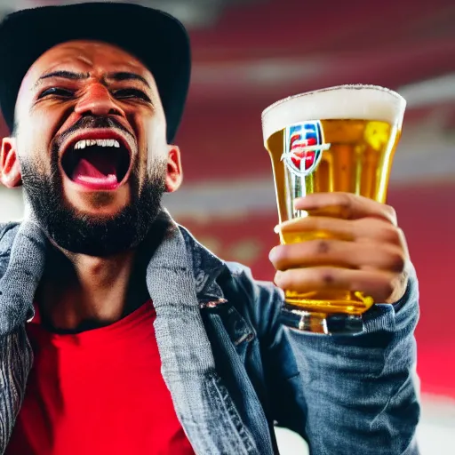Prompt: close up profile photo of an arsenal fan right after his team scores. holding a glass of beer. enthusiastic, happy, super detailed, ultra realistic.
