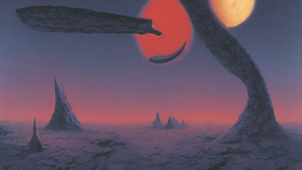 Image similar to mysterious whimsical sculpture of an alien crescent moon by paul lehr and john schoenherr and john harris, cinematic matte painting