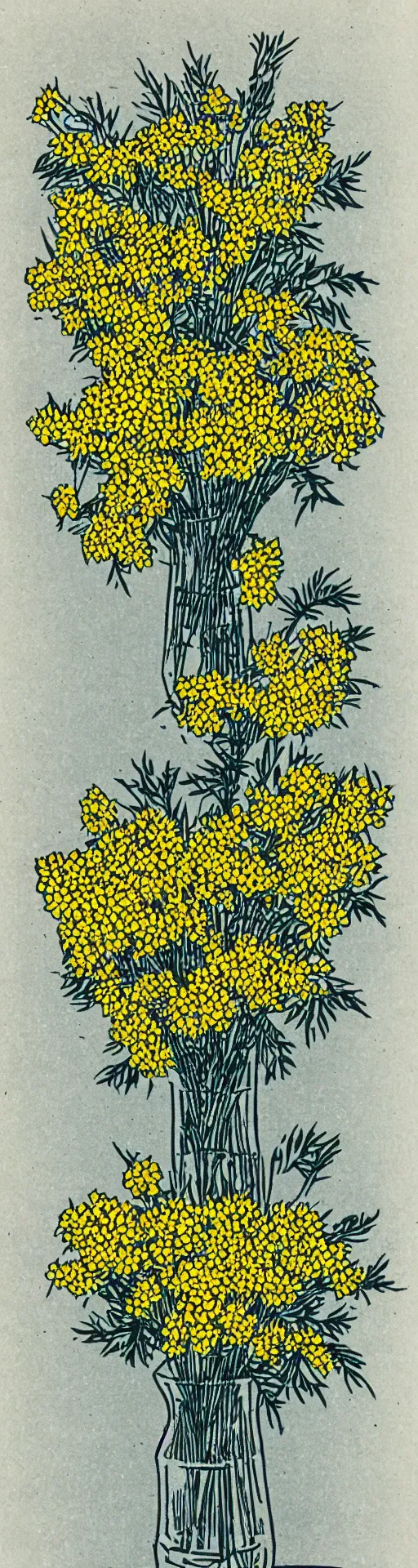 Image similar to a linocut of wattle flowers in a vase