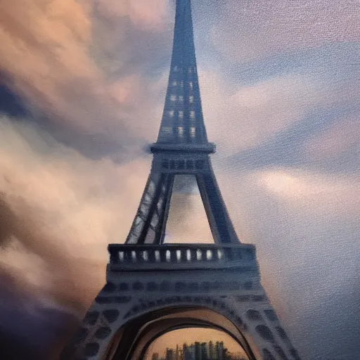 Image similar to an oil painting of the eiffel tower on a dark stormy evening utilizing volumetric lighting