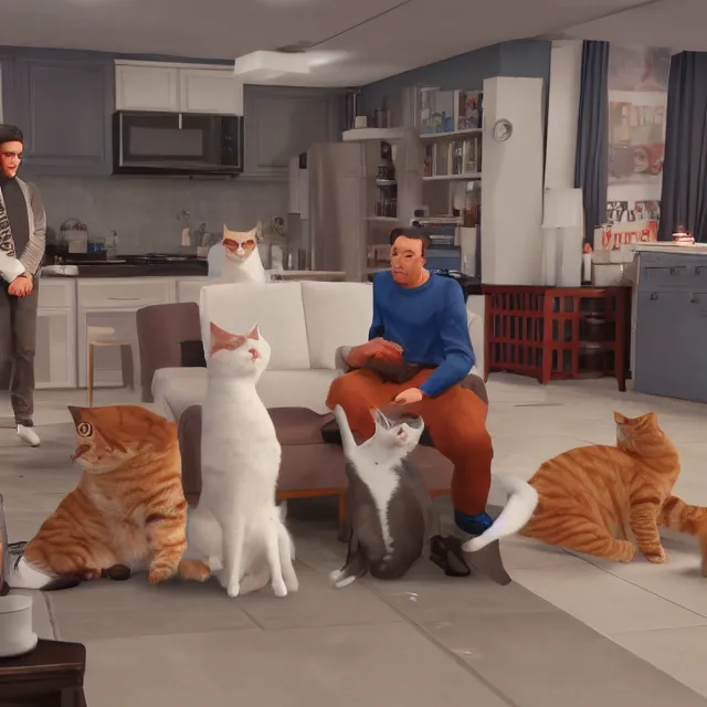 Image similar to american sitcom seinfeld but with cats, volumetric, realistic, cinematic lighting, ray tracing, unreal engine 5, unreal engine render, octane render, hyper realistic, photo, 8 k