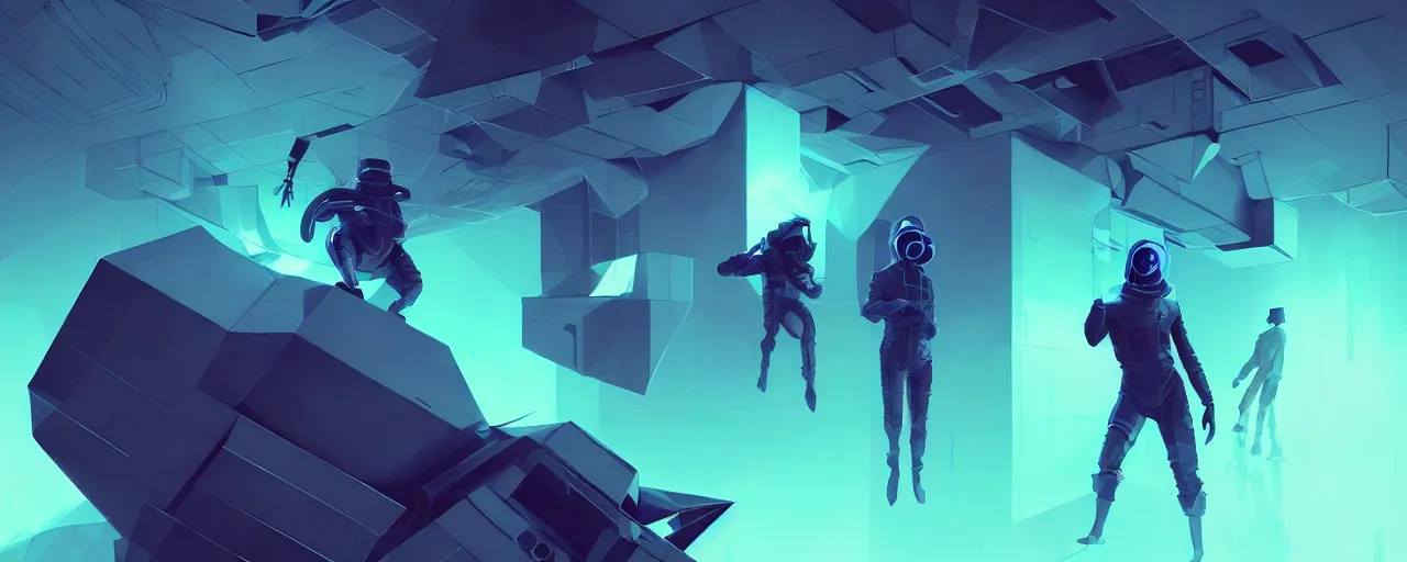 Image similar to duotone noir scifi concept illustration of 3 d mesh of lowpoly inside box floating zero gravity glowing 3 d mesh portals futuristic, glowing eyes, octane render, surreal atmosphere, volumetric lighting. accidental renaissance. by sachin teng and sergey kolesov and ruan jia and heng z. graffiti art, scifi, fantasy, hyper detailed. trending on artstation