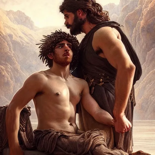 Image similar to very very very epic portrait of the greek man patroclus and his friend achilles, soft hair, muscular, half body, leather, hairy, d & d, fantasy, intricate, elegant, highly detailed, digital painting, artstation, concept art, smooth, sharp focus, illustration, art by artgerm and greg rutkowski and alphonse mucha