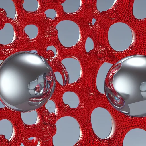 Prompt: chrome spheres on a red cube, macro