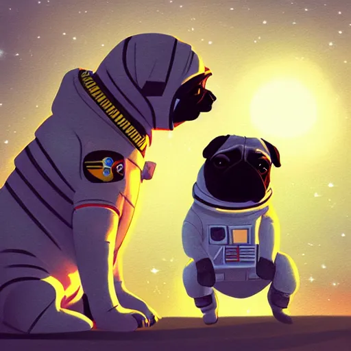 Prompt: An astronaut watching an adorable Pug, digital art, trending on artstation, HDR