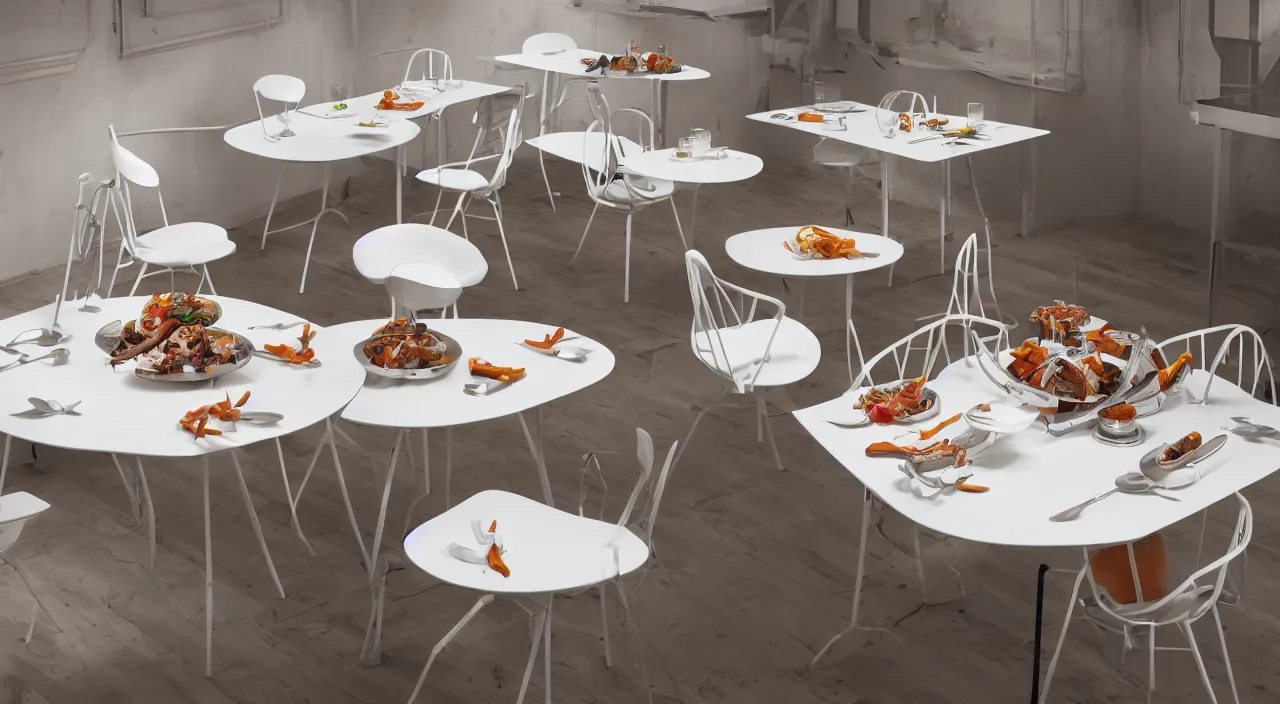 Image similar to three large white glossy kuka industrial robot arms on the floor around a dinner table, the kuka industrial robot arms are wearing bow ties, the table is full of food, they are having dinner inside a fine dining restaurant with mid century modern furniture and decor, global illumination, artstation, fantasy