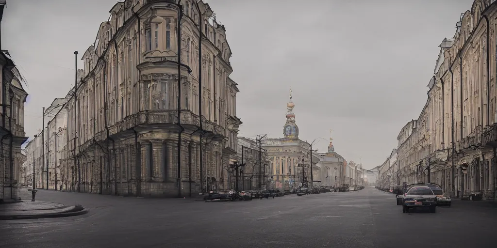 Image similar to cinematic street shot of a antigravity saint petersburg city in the moon, orbit city, telephoto, anamorphic cinematography, beautiful composition, color theory, leading lines, photorealistic, moody volumetric lighting