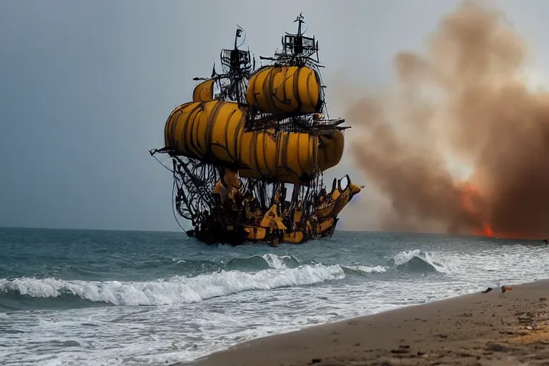 Image similar to closeup pirate couples running down beach as pirate ship fires canons, sand explosion by emmanuel lubezki