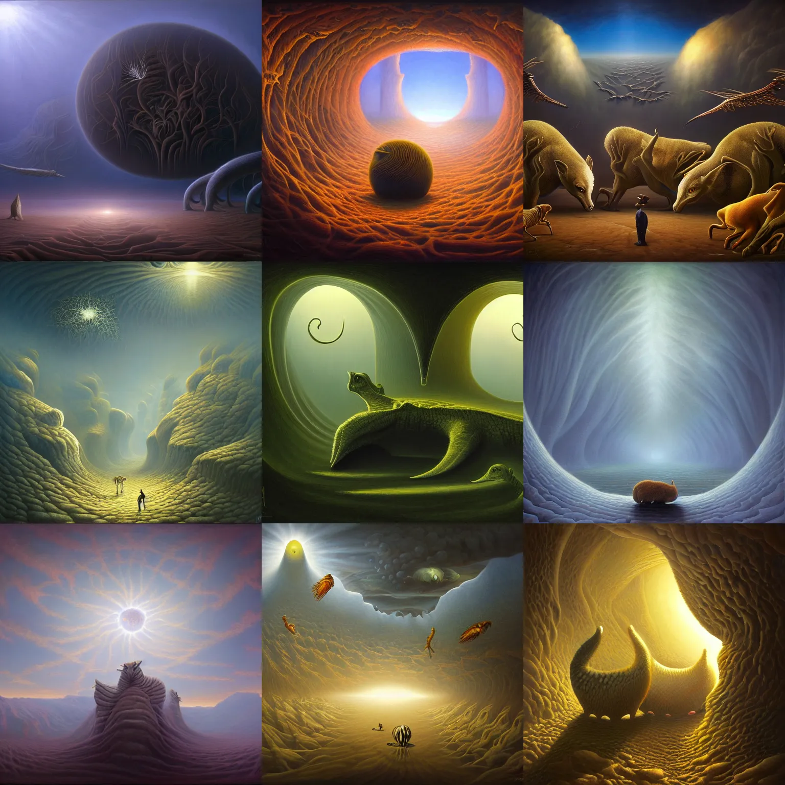 Prompt: a painting of creatures in the void by vladimir kush, highly detailed, radiant light, intricate environment, deviantart, 4 k