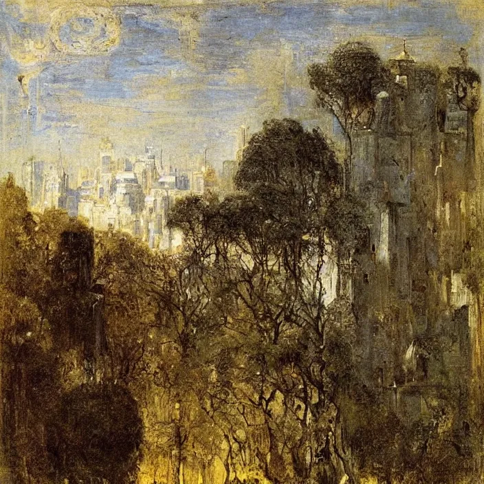 Image similar to a building in a landscape, by gustave moreau