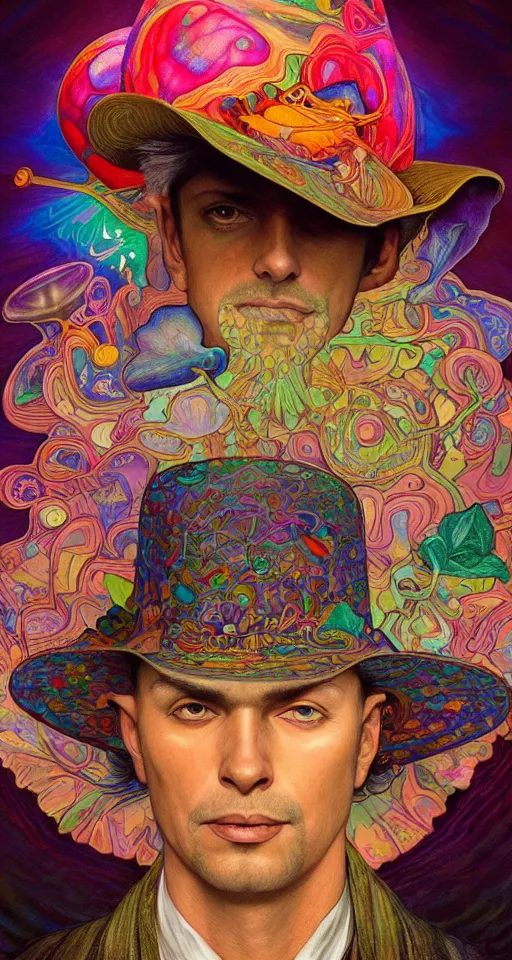 Image similar to An extremely psychedelic celestial smiling Larry Harvey white fedora hat, colorful, surreal, dramatic lighting, magic mushrooms, psilocybin, LSD, detailed, intricate, elegant, highly detailed, digital painting, artstation, concept art, smooth, sharp focus, illustration, art by Krenz Cushart and Artem Demura and alphonse mucha