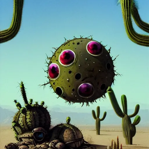 Image similar to ball creature covered with eyes, in the desert next to a cactus, d & d, fantasy, greg rutkowski, frank frazetta, alexandre chaudret, boris vallejo, michael whelan, miro petrov, hr giger, magali villeneuve, donato giancola