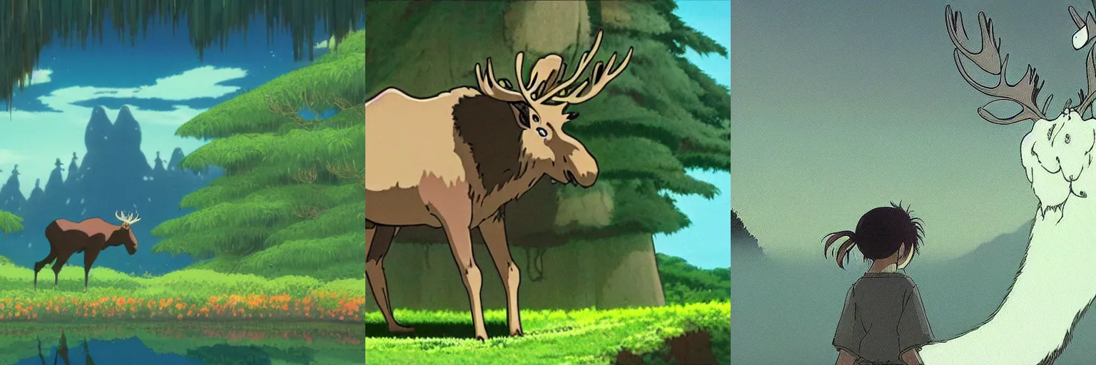 Prompt: Screenshot of the beautiful moose spirit from Studio Ghibli\'s \'Spirited Away\', immersed in nature