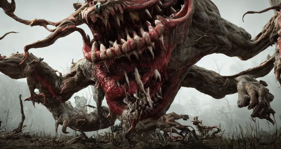 Image similar to a grotesque and malformed monster with an unhinged jaw and mouth full of teeth, crawling across the ground, high quality, unreal engine, octane render, natural light outside, animated horror still