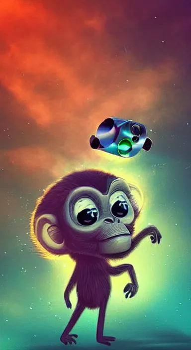 Prompt: “ big eye monkey holding laser gun floating in clouds, digital art, super aesthetic, art station childish style ”