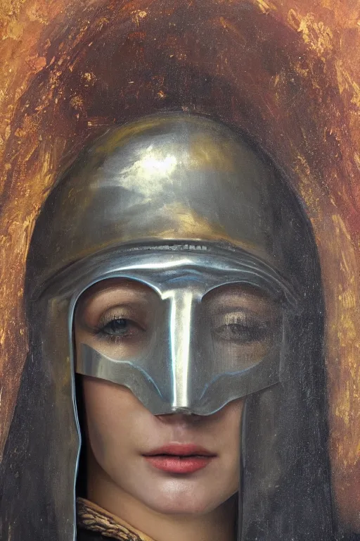 Image similar to hyperrealism oil painting, close - up portrait of face hiding in stingray medieval fashion model, knight, steel gradient mixed with nebula sky, in style of baroque mixed with 7 0 s book art