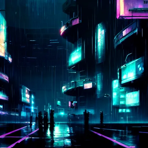 Prompt: photo of a rundown futuristic city scene at night with neon lights, raining, sci fi splash art by craig mullins, greg rutkowski