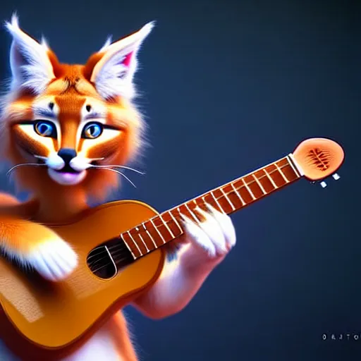 Prompt: cute fluffy caracal playing a guitar, fully detailed, high quality , 4k , octane render , soft light , masterpiece