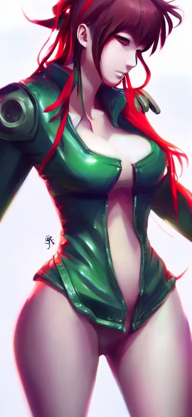 Prompt: an anime art of beautiful curvy girl with white girl and watery red eyes, leather jacket, green tank top, anatomically correct, symmetrical facial features, symmetrical proportions, highly detailed, digital painting, artstation, concept art, oc commission, illustration, league of legends, style by jordan grimmer and greg rutkowski