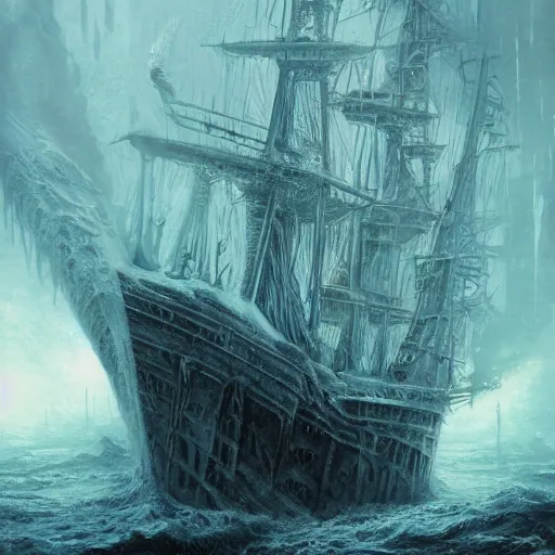 Prompt: ghost ship in hell, cold, icey white lightning, big frozen monstrocity Cthulhu in the background, hyperdetailed, artstation, cgsociety, by GIGER, by H. R. GIGER