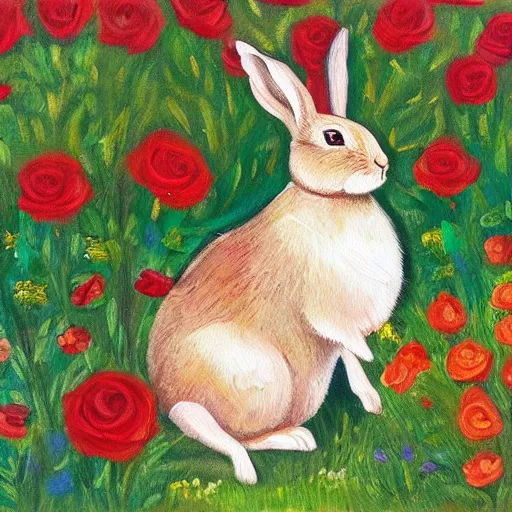 Prompt: an oil painting of a rabbit in a meadow surrounded by roses