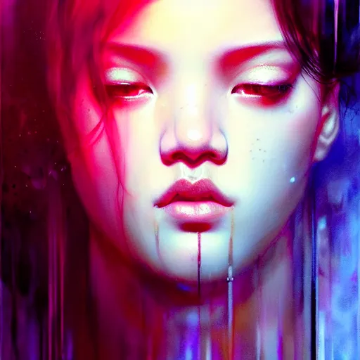 Image similar to rose of blackpink, hyperrealistic portrait, bladerunner street, by karol bak and agnes cecile, fantasy art, photo realistic, dynamic lighting, artstation, poster, volumetric lighting, very detailed face, intricate complexity, rule of thirds, 8 k, award winning