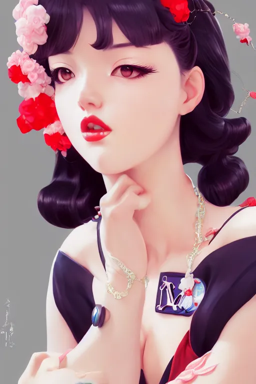 Image similar to a pin up and beautiful fashion charming dreamlke japan girl with lv jewelry, character art, art by artgerm lau and wlop and and ilya kuvshinov and john singer sargent, hyperdetailed, 8 k realistic, symmetrical, frostbite 3 engine, cryengine, dof, trending on artstation, digital art