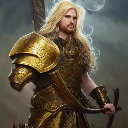 Prompt: Full body shot of beautiful male cleric with long flowing blonde hair wearing burnished bronze armour emblazoned with a swan on the breastplate. Wielding a magical scimitar embossed with the phases of the moon. Magic, bright divine lighting, flux. High fantasy, digital painting, HD, 4k, detailed by Ruan Jia