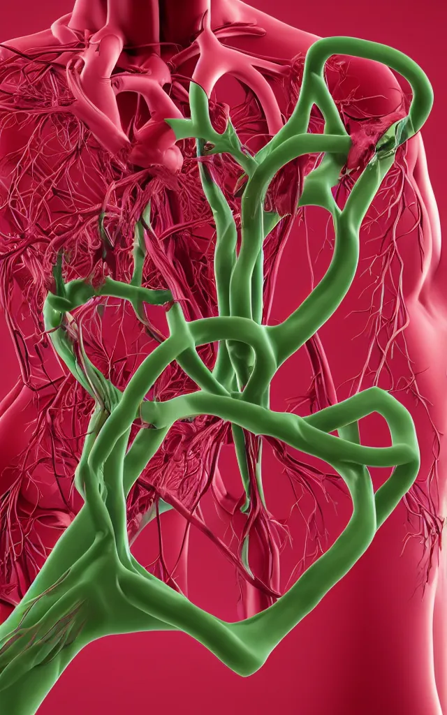 Image similar to intricated scientific medical 3d animation of the muscles and veins of a heart arteries with a heart in their hands photography 3d octane plastic render greenchromakey plastic rim light