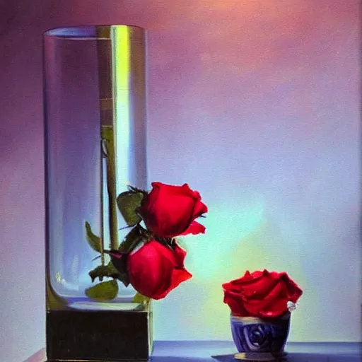 Prompt: oil painting by frans mortelmans, roses in cinematic light, shadows, dramatic and very very very very beautiful masterpiece, light reflection, light refraction, transparent glass vase, optical caustics