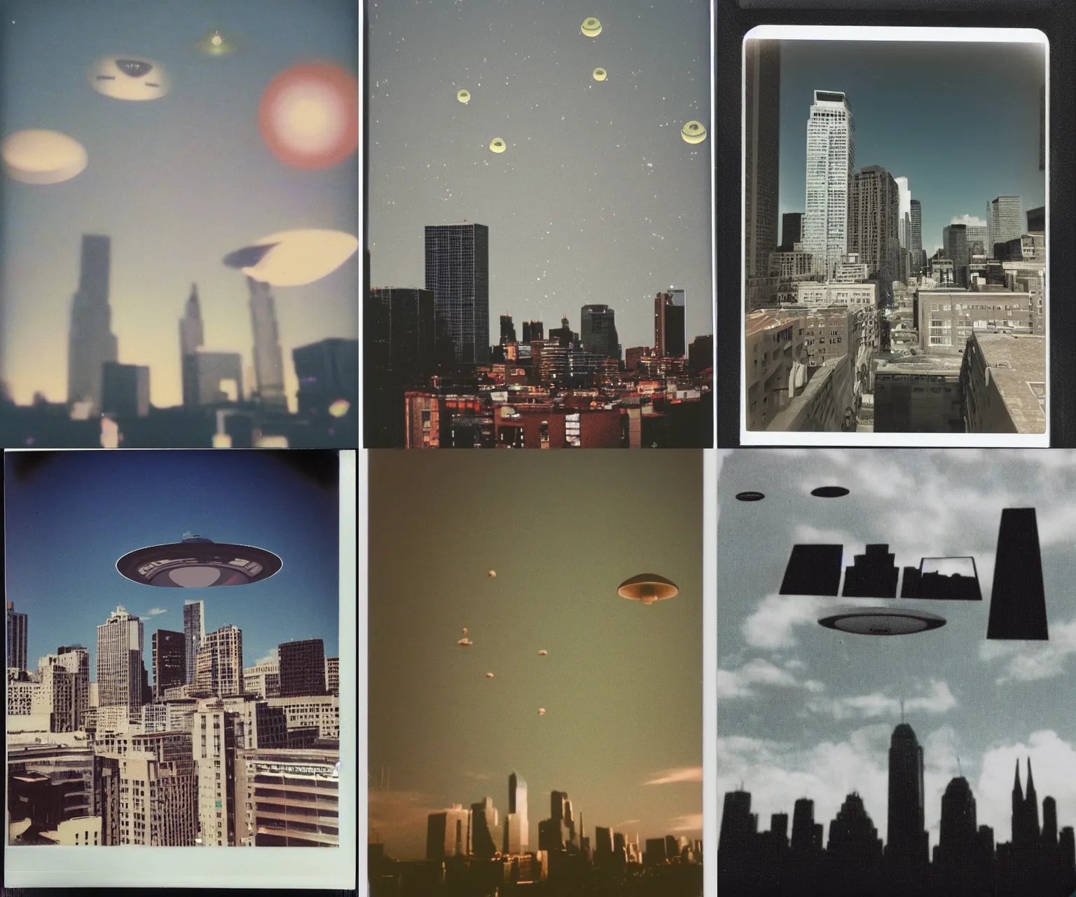 Prompt: 1990s polaroid photo of a cityscape, multiple UFOs in the sky