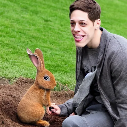 Image similar to pete davidson gleefully pulling a rabbit out of a hole