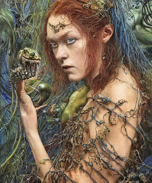 Prompt: a portrait photograph of a fierce sadie sink as an alien harpy queen with blue slimy amphibian skin. she is trying on evil bulbous slimy organic membrane fetish fashion and transforming into a fiery succubus amphibian tree. by donato giancola, walton ford, ernst haeckel, brian froud, hr giger. 8 k, cgsociety