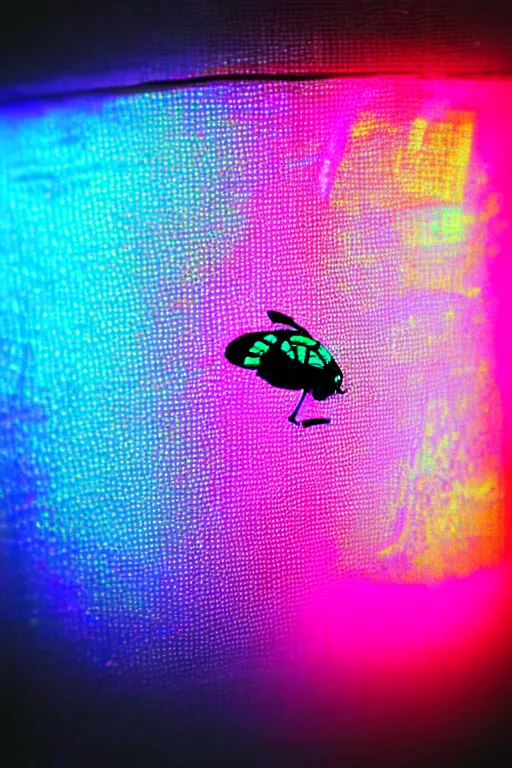 Prompt: high quality macro photo holographic graffiti fly! jeweled gorgeous! highly detailed digital art david ligare elson peter cinematic pink neon lighting high quality low angle hd 8k sharp shallow depth of field