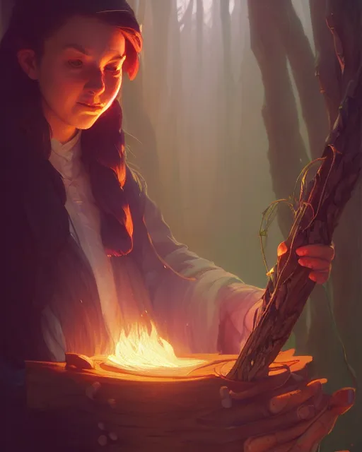 Image similar to highly detailed vfx portrait of a mage casting a wood spell, unreal engine, greg rutkowski, loish, rhads, beeple, makoto shinkai and lois van baarle, ilya kuvshinov, rossdraws, tom bagshaw, alphonse mucha, global illumination, detailed and intricate environment