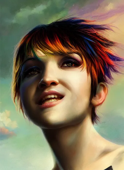 Image similar to girl with rainbow hair, pixie haircut, beautiful highly detailed face, complementary lighting, backlit, black eyeshadow, grinning, adventure, dramatic lighting, landscape background, beautiful painting by artgerm and greg rutkowski and raymond swanland