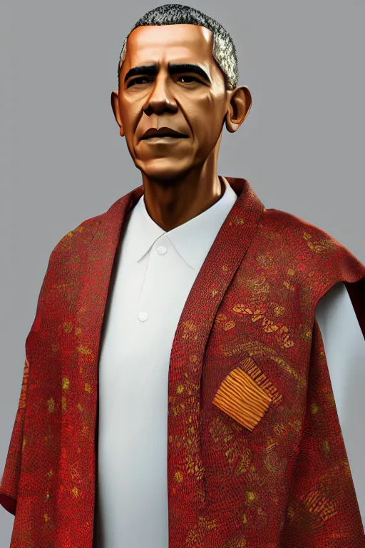 Image similar to full body 3d render of barack obama, beautiful kimono, blender, trending on artstation, 8k, highly detailed, bokeh, depth of field