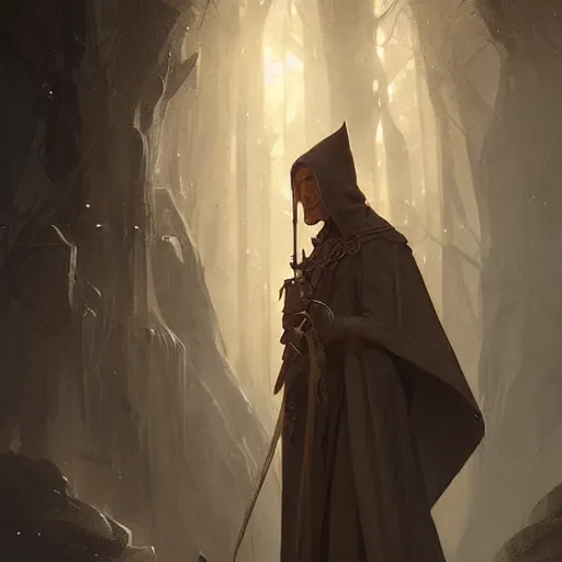 Prompt: Portrait of a tall middle aged elf wearing a cloak, detailed face, fantasy, highly detailed, cinematic lighting, digital art painting by greg rutkowski