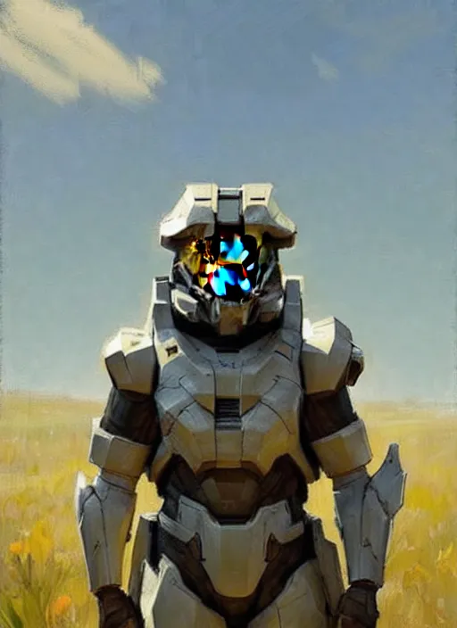 Image similar to Greg Manchess painting of a Corgi wearing Forerunner Armor from Halo, countryside, calm, fantasy character portrait, dynamic pose, above view, sunny day, artwork by Jeremy Lipkin and Giuseppe Dangelico Pino and Michael Garmash and Rob Rey, very coherent asymmetrical artwork, sharp edges, perfect face, simple form, 100mm