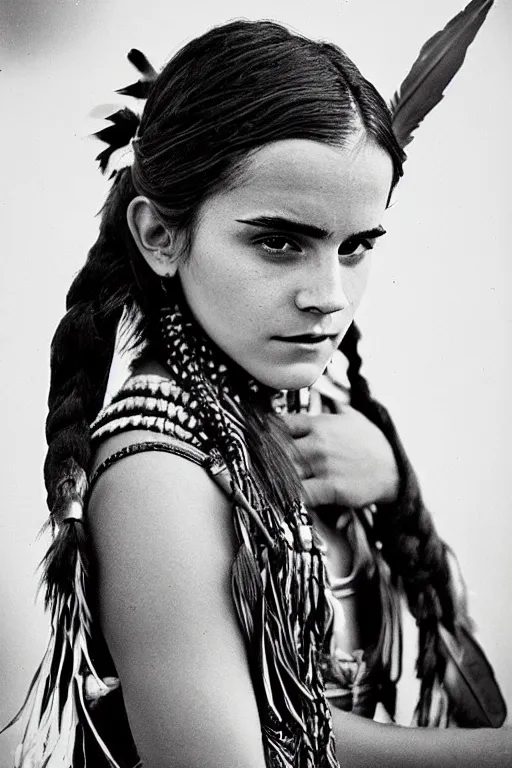 Image similar to “Photo of Native American indian woman Emma Watson, portrait, skilled warrior of the Apache, ancient, realistic, detailed, emma watson”